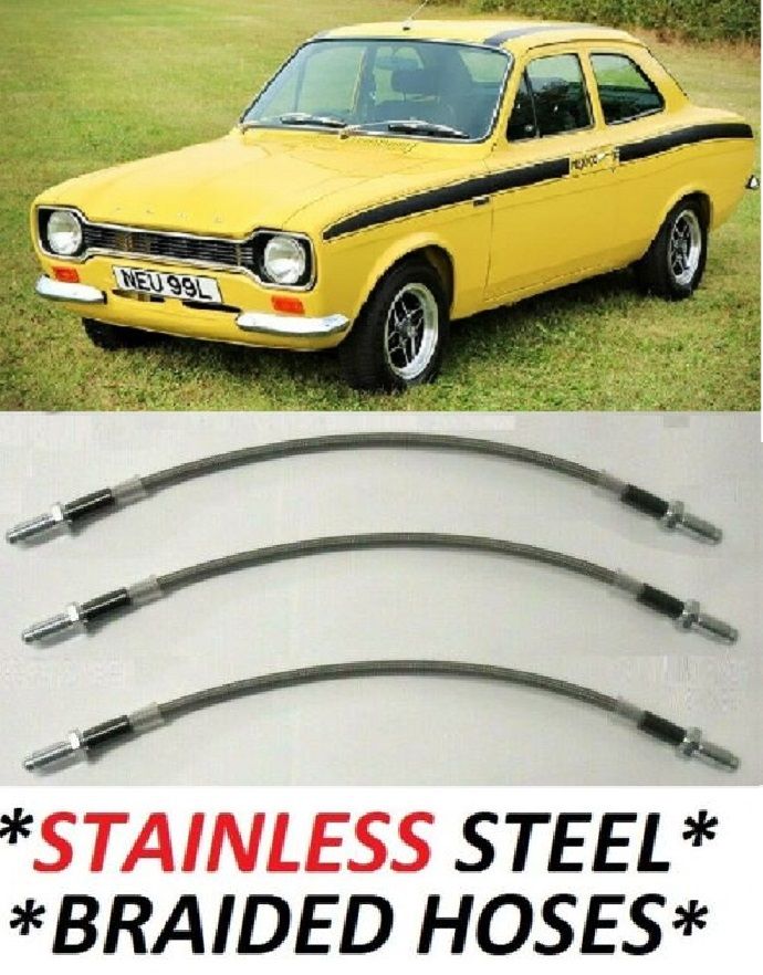 FRONT & REAR BRAKE HOSES (*STAINLESS STEEL BRAIDED*) x3 (Ford Escort Mk1) (RS1600, RS1800, RS2000 & Mexico) (1968- 74) 